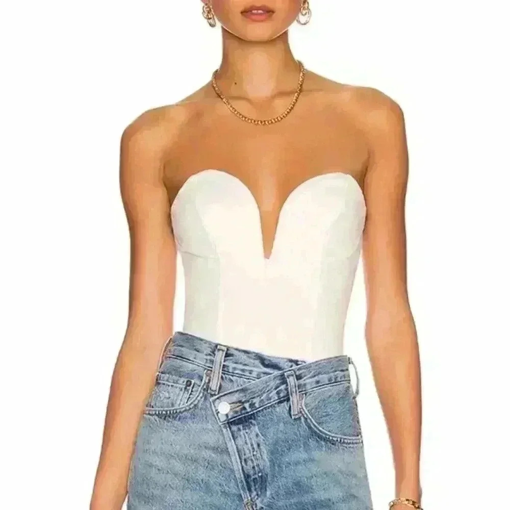 superdown Ivory Strapless Plunge Bodysuit